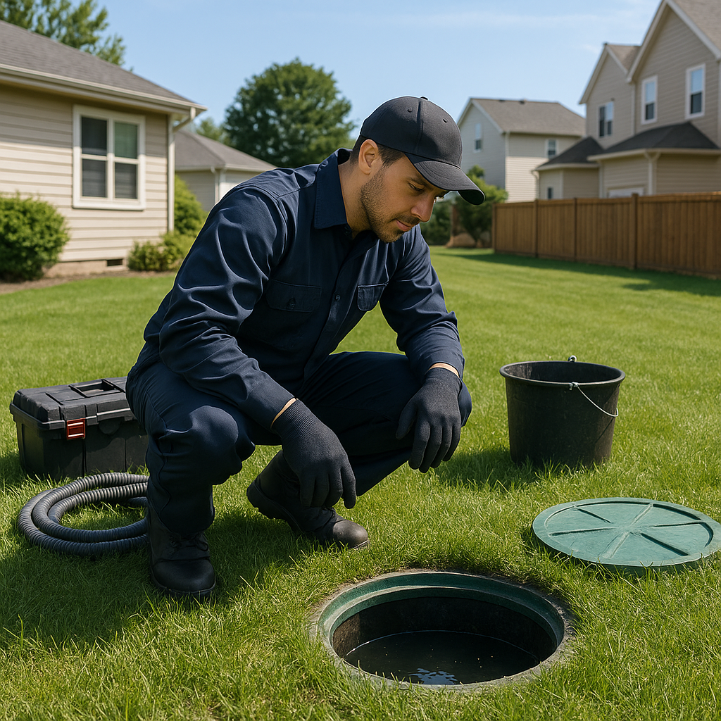Septic technician inspecting system at a Round Rock home
